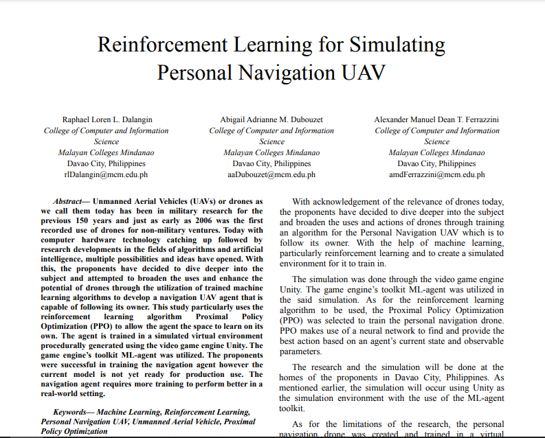 Reinforcement Learning For Simulating Personal Navigation UAV